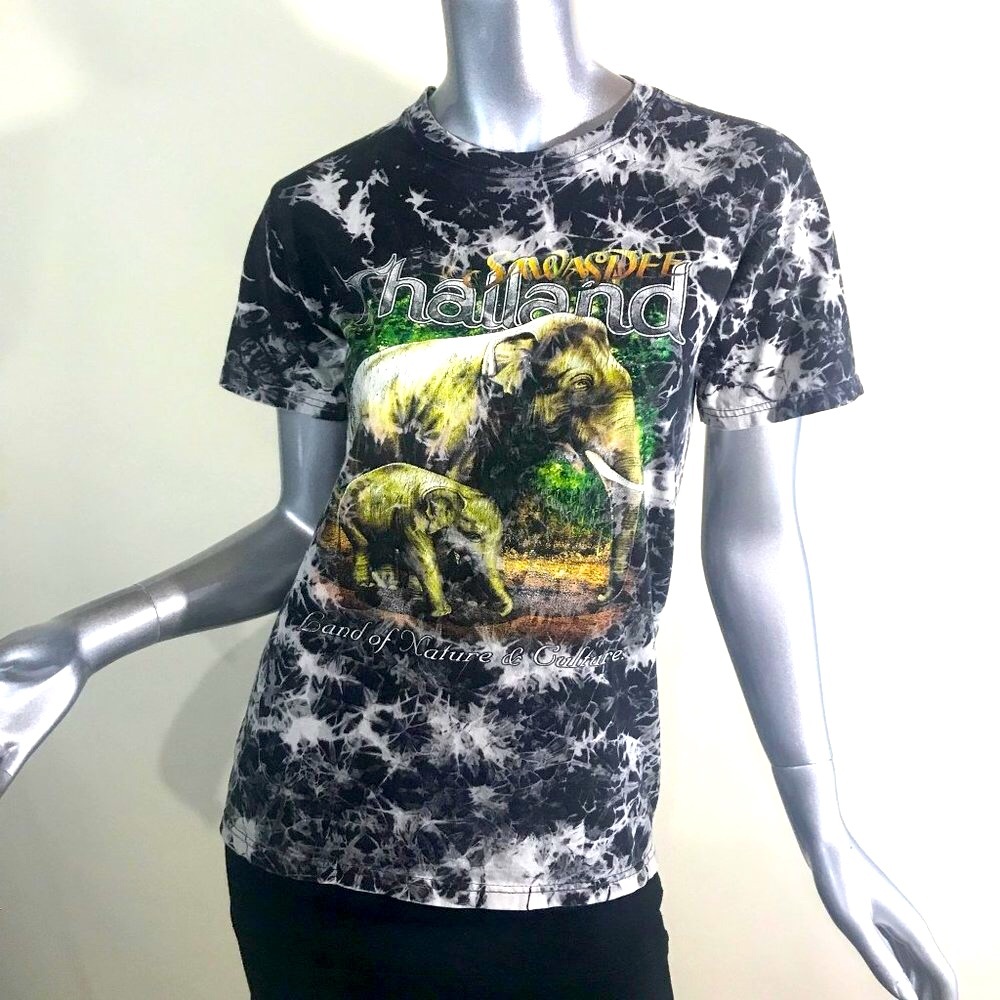 Thailand Women's Medium Elephant Print Tie Dye Crew Neck T Shirt "Land of Nature